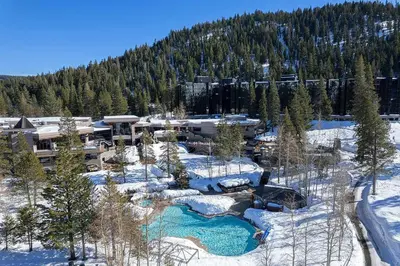 an aerial view of a resort in the snow at Valley Vistas, Resort Perks Everline Studio Condo in Olympic Valley
