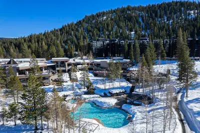 an aerial view of a resort in the snow at Valley Vistas, Resort Perks Everline Studio Condo in Olympic Valley