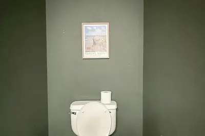 a bathroom with a toilet with a picture on the wall at High Sierra Hideaway in South Lake Tahoe