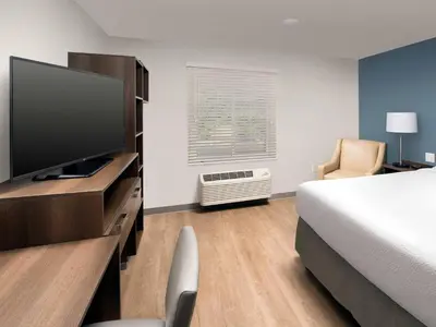 a hotel room with a bed and a flat screen tv at WoodSpring Suites Manteca - Stockton South in Manteca
