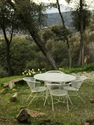 a white table and chairs sitting in the grass at Sunset Cottage near Yosemite in Oakhurst