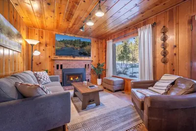 a living room with a couch and a fireplace at Midiron Golf Cabin cabin in Tahoe Vista