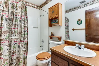 a bathroom with a sink and a toilet at Community Perks and Watercrafts Shaver Lake Condo in Shaver Lake