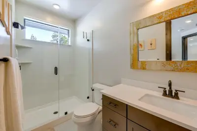 a bathroom with a toilet and a shower and a sink at Steps From Sledding Hill! Soda Springs Mtn Retreat in Soda Springs