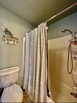 a bathroom with a shower curtain and a toilet at Sierra Park Villas 28 in Mammoth Lakes