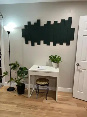a white desk with a chair and plants on a wall at Peach lane house in Newcastle