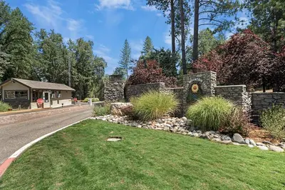 a yard with a stone fence and a road at Peaceful Pines Escape Near Yosemite, Lake & Golf in Groveland