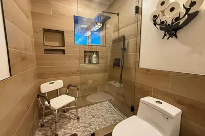 a bathroom with a white toilet and a shower at Lazy Bear Manor in South Lake Tahoe