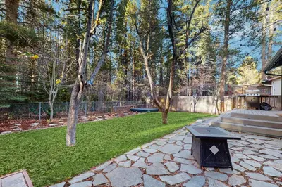 a backyard with a bird feeder in the grass at Whispering Pines Retreat in South Lake Tahoe