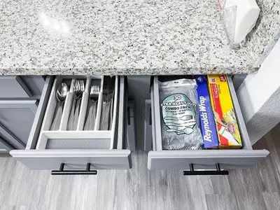 a drawer in a kitchen with food and drinks in it at Beautiful 2 bedroom 2 bathroom house in North Highlands