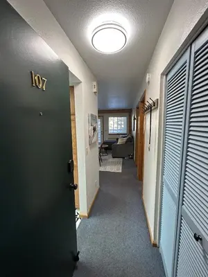 a hallway with a green door and a living room at The Meadows- Charmed Ski & Relax Studio in Kirkwood