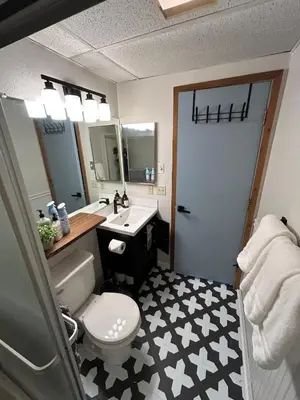 a bathroom with a toilet and a sink and mirror at The Meadows- Charmed Ski & Relax Studio in Kirkwood