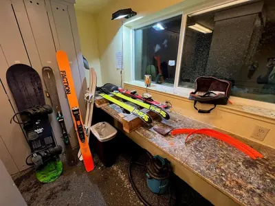 a counter with skis and snowboards on top of it at Kirkwood Studio SKI IN Walk out in Kirkwood