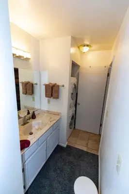 a bathroom with a sink and a washing machine at Ski in Ski out Dream Studio Village Mtn Views in Kirkwood