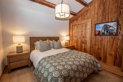 a bedroom with a bed and two lamps and a tv at Cedar Cottage in Homewood