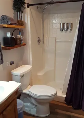 a bathroom with a toilet and a shower at Nature's Inn Bed and Breakfast in Ahwahnee