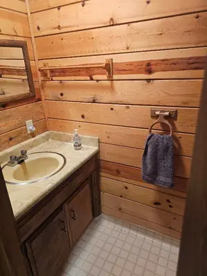 a bathroom with a sink and a wooden wall at The Cozy Knotty Pine Enchantment Retreat in Long Barn