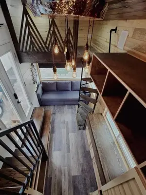 an overhead view of a living room with a blue couch at Mountain Shadows Retreat in Foresthill
