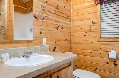 a bathroom with a sink and a toilet at Yosemite Lakes Cabin & Cottages in Harden Flat
