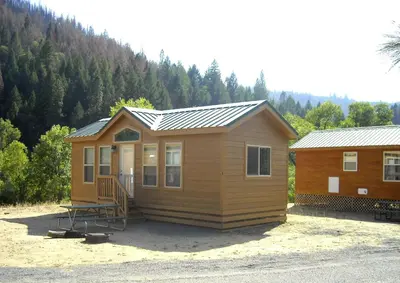 a small wooden cabin with a metal roof at Yosemite Lakes Cottage 49 in Harden Flat