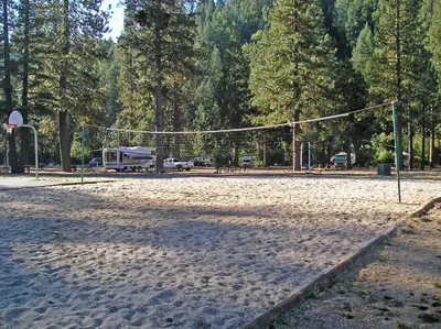 a volleyball court with a net in a park at Yosemite Lakes Wheelchair Accessible Cottage 53 in Harden Flat