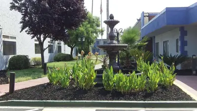 a fountain in the middle of a garden with plants at SureStay Plus Hotel by Best Western Sacramento Cal Expo in Sacramento