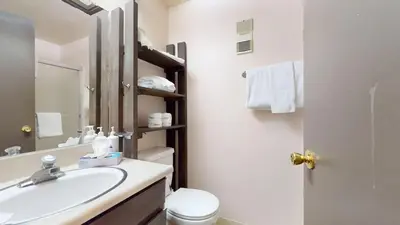 a bathroom with a sink and a toilet and a mirror at Mammoth Reservations in Mammoth Lakes