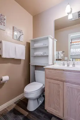 a bathroom with a toilet and a sink and a mirror at Chamonix # 88 in Mammoth Lakes