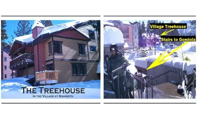 two pictures of a house in the snow with a man at Village Treehouse #1 in Mammoth Lakes