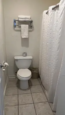 a bathroom with a toilet and a shower curtain at Americas Best Value Inn Hanford in Hanford