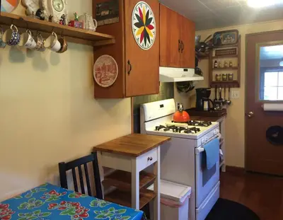 a small kitchen with a stove and a table at Merrynook in Pinehurst