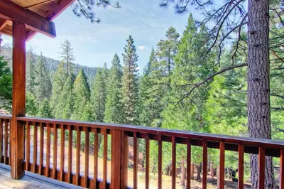 a wooden porch with a view of a forest at Little Sport in Yosemite West