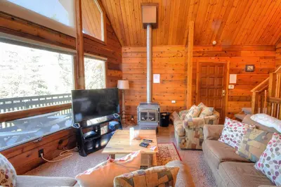a living room with a couch and a fireplace in a cabin at Treetops Cabin in Yosemite West