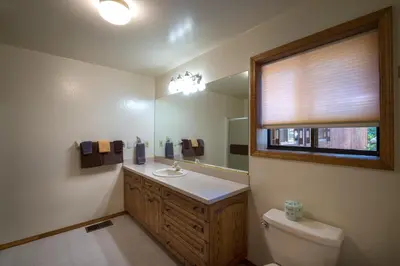 a bathroom with a sink and a toilet and a window at Quail Crossing Lodge in Yosemite West