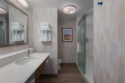 a bathroom with a sink and a shower at Hampton Inn by Hilton Turlock in Turlock