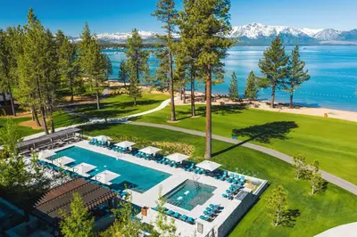 an aerial view of a resort with a swimming pool at Edgewood Tahoe Resort in Stateline
