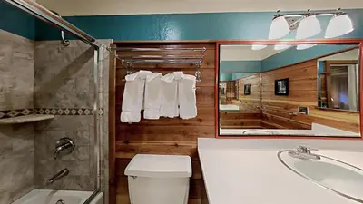 a bathroom with a toilet and a sink and a mirror at Comfortable 4 Bedroom Condo in Mammoth Lakes