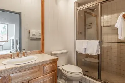 a bathroom with a toilet and a sink and a shower at Canyon Ski and Racquet 16 in Mammoth Lakes