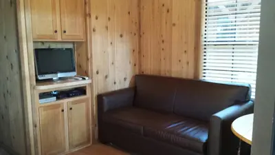 a living room with a couch and a television at Snowflower Camping Resort Cabin 3 in Emigrant Gap