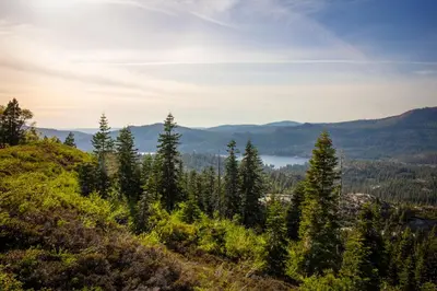a view from the top of a hill with trees at Snowflower Camping Resort Wheelchair Accessible Cottage 8 in Emigrant Gap