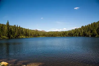 a large blue lake with trees in the background at Snowflower Camping Resort Wheelchair Accessible Cottage 8 in Emigrant Gap