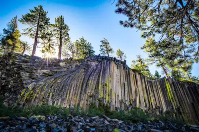 a wooden fence with trees on top of a hill at Eagle Run 206 in Mammoth Lakes