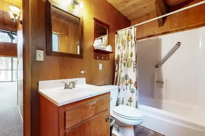 a bathroom with a sink and a toilet and a shower at Donner Lakefront Retreat in Truckee