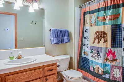 a bathroom with a toilet and a shower curtain at Hillside View Vacation Home in Truckee