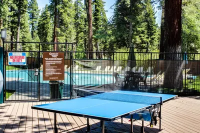 a blue ping pong table in front of a fence at Carnelian Woods Sanctuary in Carnelian Bay