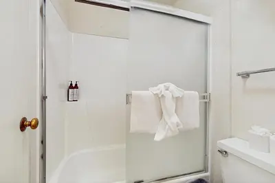a bathroom with a shower with a towel on a towel rack at Northstar Original Village Studio One in Truckee