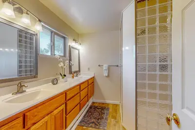 a bathroom with a sink and a shower at Back Nine Bungalow in South Lake Tahoe