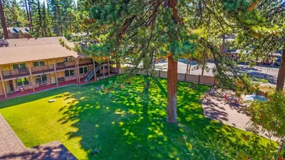 an overhead view of a park in front of a building at The Lodge at Lake Tahoe in South Lake Tahoe