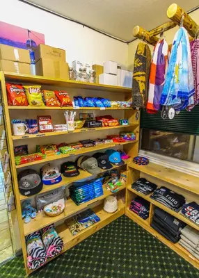 a store shelf filled with lots of different items at The Lodge at Lake Tahoe in South Lake Tahoe