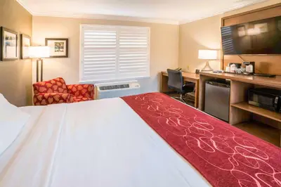 a hotel room with a bed and a desk at Comfort Suites Fresno River Park in Fresno